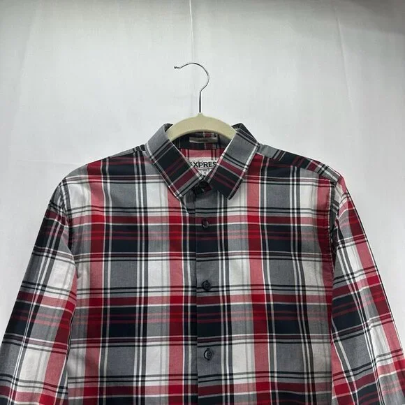 Express Shirt Mens M 15-15.5 Fitted Plaid Button Up Long Sleeve Cotton Red Gray - Picture 3 of 11